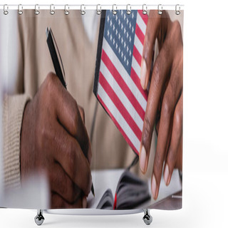 Personality  Selective Focus Of African American Interpreter Writing In Notebook While Holding Digital Translator With Usa Flag Emblem, Cropped View, Banner Shower Curtains