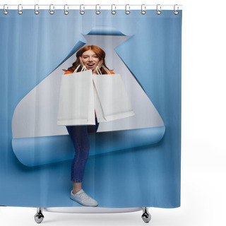 Personality  Amazed Young Woman Holding Shopping Bags On Blue Ripped Paper Background  Shower Curtains