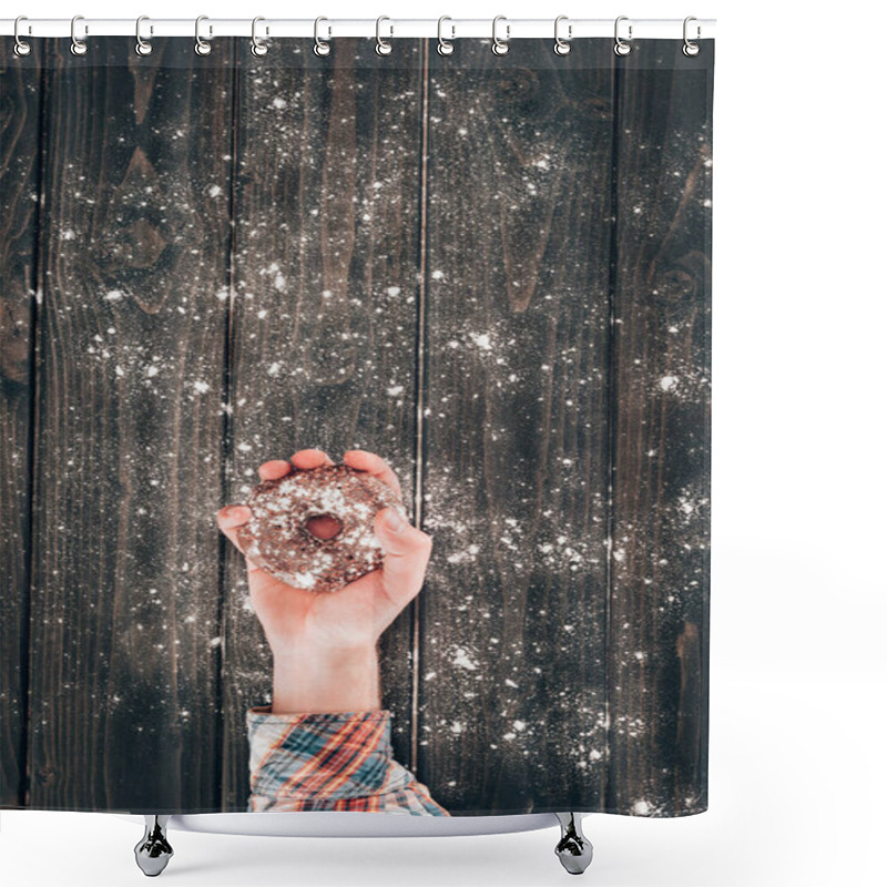 Personality  Cropped Shot Of Person Holding Delicious Doughnut Over Wooden Table Sprinkled With Flour Shower Curtains