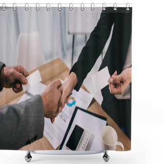Personality  Cropped View Of Business Partners Shaking Hands And Giving Visit Cards To Each Other Shower Curtains