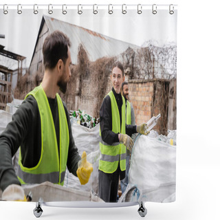 Personality  Smiling Worker In Safety Vest And Gloves Holding Glass Trash Near Multiethnic Colleagues And Sacks In Outdoor Waste Disposal Station, Garbage Sorting And Recycling Concept Shower Curtains