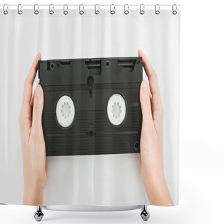 Personality  Partial View Of Man Holding Black VHS Cassette On White Background Shower Curtains