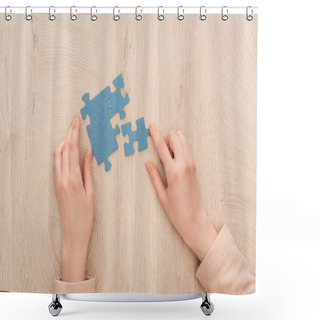 Personality  Partial View Of Female Hands With Blue Puzzles On Wooden Table Shower Curtains