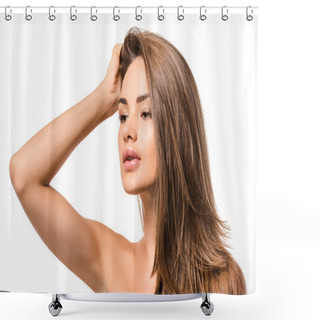 Personality  Beautiful Woman With Long Brown Hair And Hand On Head Isolated On White Shower Curtains