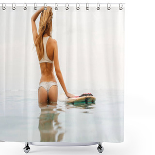 Personality  One Beautiful Sporty Girl Surfing In The Ocean. Shower Curtains