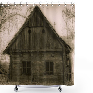 Personality  Monochrome Black And White Image Of An Abandoned Lost Old Wood Hut In A Foggy Spooky Landscape In Surreal Vintage Painting Style  Shower Curtains