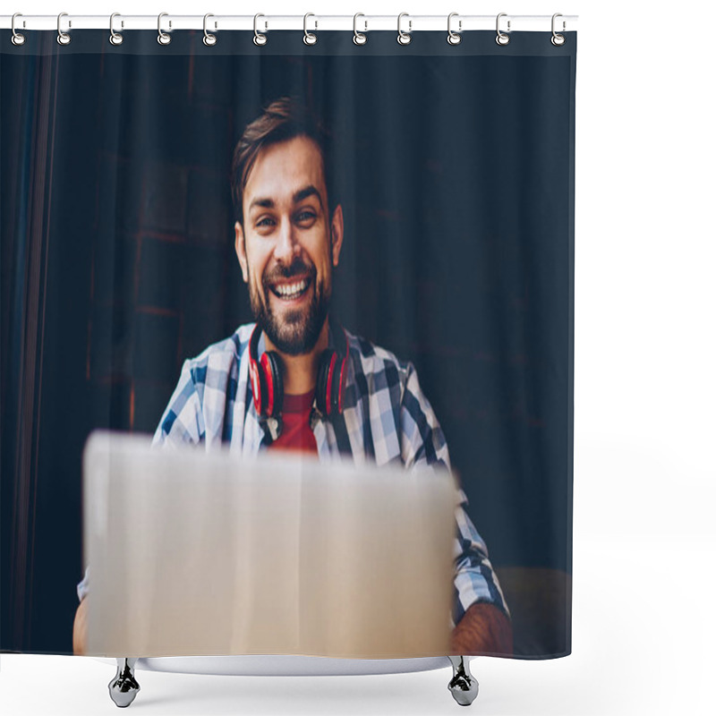 Personality  Portrait Of At Successful Bearded Male Freelancer Smiling At Camera While Working Remotely At Laptop Device.Cheerful It Developer With Headphones Sitting In Coworking Space At Netbook With 4G Internet Shower Curtains