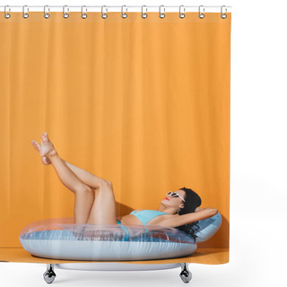 Personality  Barefoot Woman In Sunglasses And Swimwear Lying On Inflatable Ring On Orange  Shower Curtains