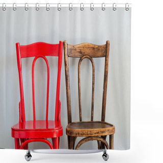 Personality  Chairs On A Grey Wall Shower Curtains