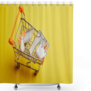 Personality  Close Up View Of Little Shopping Cart With Clothes Made Of Paper On Yellow Background Shower Curtains