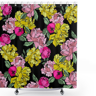 Personality  Vector Pink And Yellow Peonies. Wildflowers Isolated On Black. Engraved Ink Art. Seamless Background Pattern. Wallpaper Print Texture. Shower Curtains