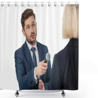 Personality  Young News Anchor With Microphone Taking Interview From Blonde Businesswoman Isolated On White Shower Curtains