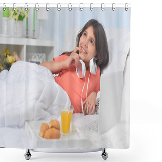 Personality  Beautiful Girl With Laptop And Having Breakfast Shower Curtains
