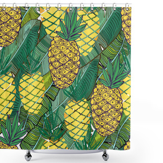 Personality  Vector Tropical Pattern. Fresh Ripe Pineapples And Palm Leaves.  Shower Curtains