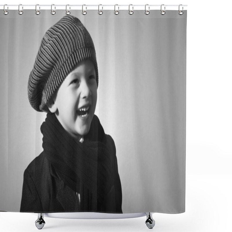 Personality  Laughing Little Boy In Cap. Style Kid. Fashion Children. Handsome Child In Scurf. Smiling Kid. Winter Wear Shower Curtains