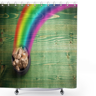 Personality  Pot Of Gold On Green Woden Background. Magical Treasure With Rainbow Shower Curtains