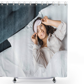 Personality  Smiling Girl In Sleeping Mask Waking Up In Bed In The Morning   Shower Curtains