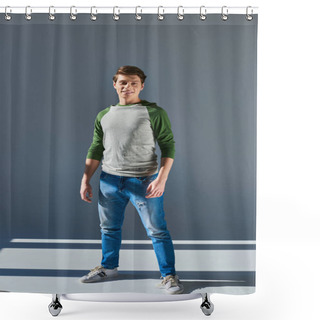 Personality  Young Cheerful Man In Casual Long Sleeve And Jeans Standing And Looking At Camera On Grey Backdrop Shower Curtains