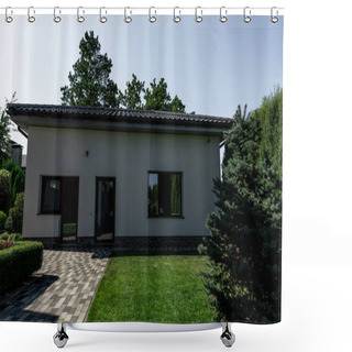 Personality  Entrance To Modern House With Green Lawn Shower Curtains