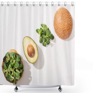 Personality  Top View Of Vegan Burger With Avocado And Microgreens On White Background Shower Curtains