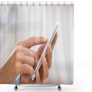Personality  Close Up Of Hands Woman Using Cell Phone. Shower Curtains