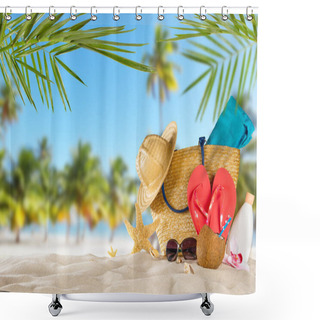 Personality  Tropical Beach With Accessories On Sand, Summer Holiday Backgrou Shower Curtains