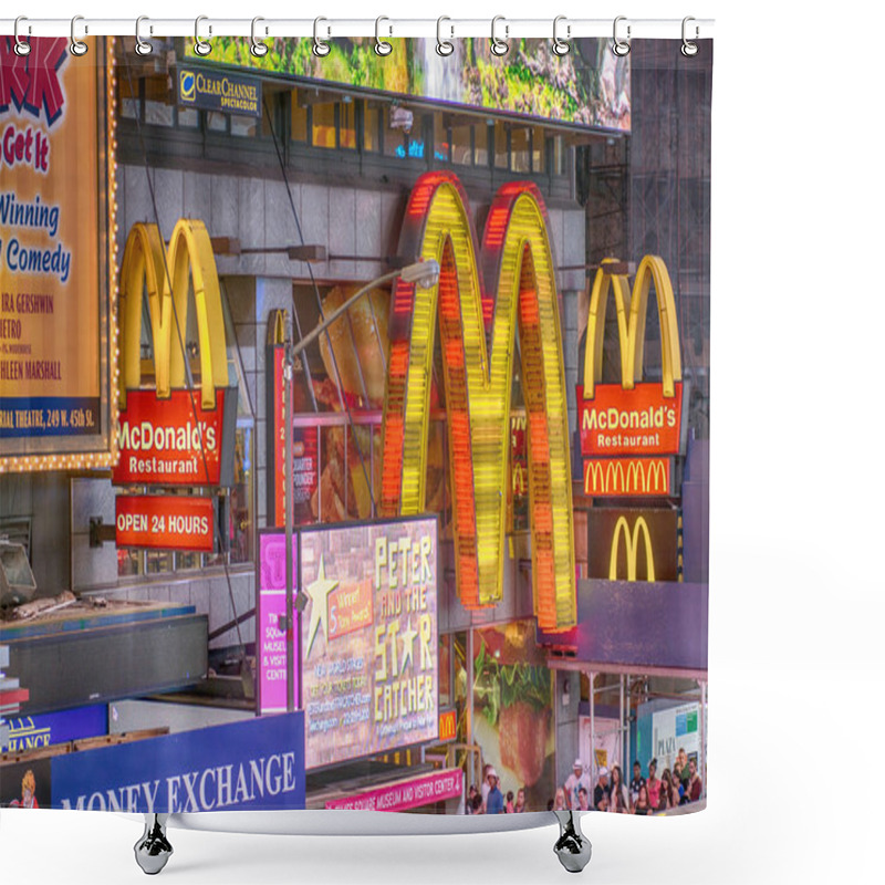 Personality  NEW YORK CITY - JUN 8: Mc Donald's Sign In The Night, June 8, 20 Shower Curtains