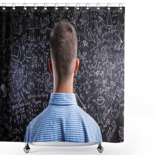Personality  Back View Of Teacher Against Big Blackboard With Mathematical Sy Shower Curtains