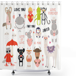 Personality  Big Valentines Day Set With Cute Animals, Hearts, Quotes Isolated On White Background. Scandinavian Style Flat Design. Concept For Kids Print Shower Curtains