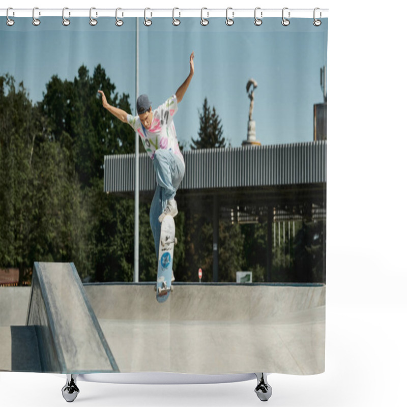 Personality  A Young Skater Boy Fearlessly Riding A Skateboard Up The Steep Side Of A Ramp At An Outdoor Skate Park On A Sunny Summer Day. Shower Curtains