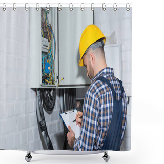 Personality  Professional Electrician Inspecting Wires In Electrical Box Shower Curtains