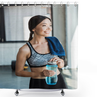 Personality  Attractive Girl Holding Sport Bottle While Smiling In Gym  Shower Curtains