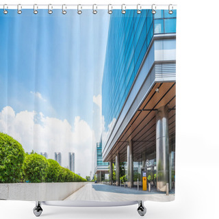 Personality  Empty Road Near Modern Building Exterior Shower Curtains
