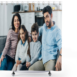 Personality  Happy Hispanic Family Sitting On Sofa And Smiling At Home Shower Curtains