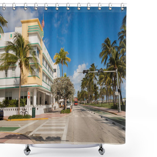 Personality  Green Palm Trees Growing Next To Road And Modern Building In Miami  Shower Curtains