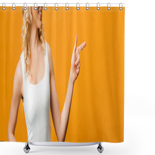 Personality  Panoramic Shot Of Blonde Woman Pointing With Finger On Orange  Shower Curtains