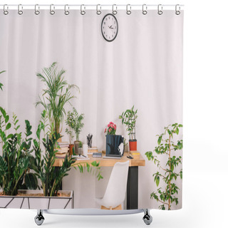 Personality  Wooden Table With Potted Plants And Chair In Workplace Shower Curtains