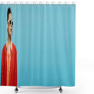 Personality  African American Woman In Hoop Earrings, Sunglasses And Vibrant Outfit Posing On Blue, Banner Shower Curtains