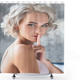 Personality  Close-up Portrait Of Seductive Young Woman In Underwear Standing In Loft Bedroom And Showing Silence Gesture At Camera Shower Curtains
