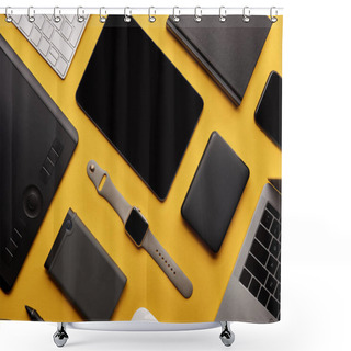 Personality  Flat Lay With Different Wireless Devices On Yellow Surface Shower Curtains