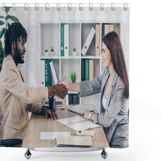 Personality  African American Recruiter And Employee Shaking Hands, Looking At Each Other And Smiling In Office Shower Curtains