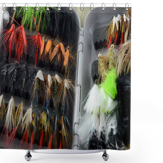 Personality  Closeup View Of Some Fly Fishing Tackle. Shower Curtains