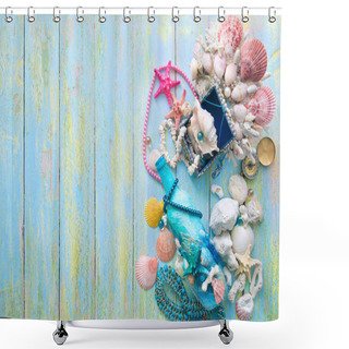 Personality  Casket And A Bottle Decorated With Shells On A Wooden Background With Peeled Paint And Cracks Background With Corals In Blur And Out Of Focus Shower Curtains