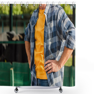 Personality  Cropped View Of Farmer In Plaid Shirt Standing With Hands On Hips On Dairy Farm Shower Curtains