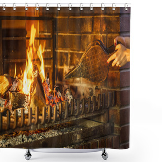 Personality  Closeup Hands Fireplace Making Fire With Bellows. Shower Curtains