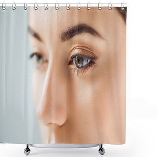 Personality  Close Up Of Young Woman With Golden Eye Shadow Isolated On Grey Shower Curtains