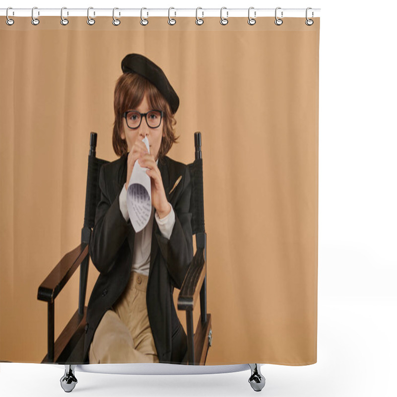 Personality  Stylish Boy In Beret And Glasses Sits In Director Chair, Speaking In Piece Of Rolled Paper Shower Curtains