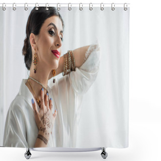 Personality  Happy Young Indian Bride Wearing Necklace On White Shower Curtains