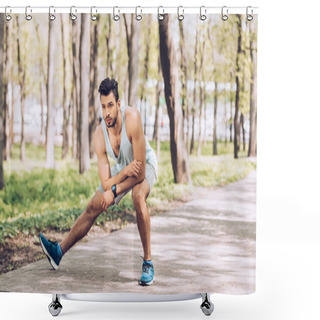 Personality  Handsome Man In Sportswear And Sneakers Working Out In Sunny Park Shower Curtains
