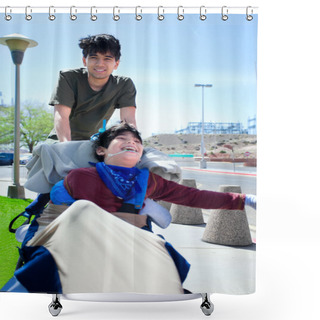 Personality  Big Brother Pushing Happy Disabled Boy In Wheelchair Shower Curtains